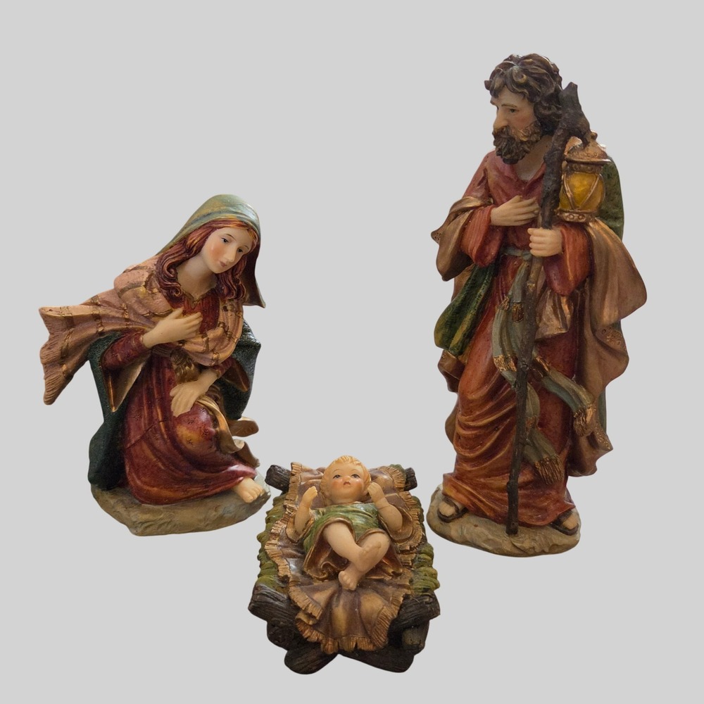 8" Holy Family Nativity Scene Set 3 Pc Hand-Painted Resin Christmas Decor